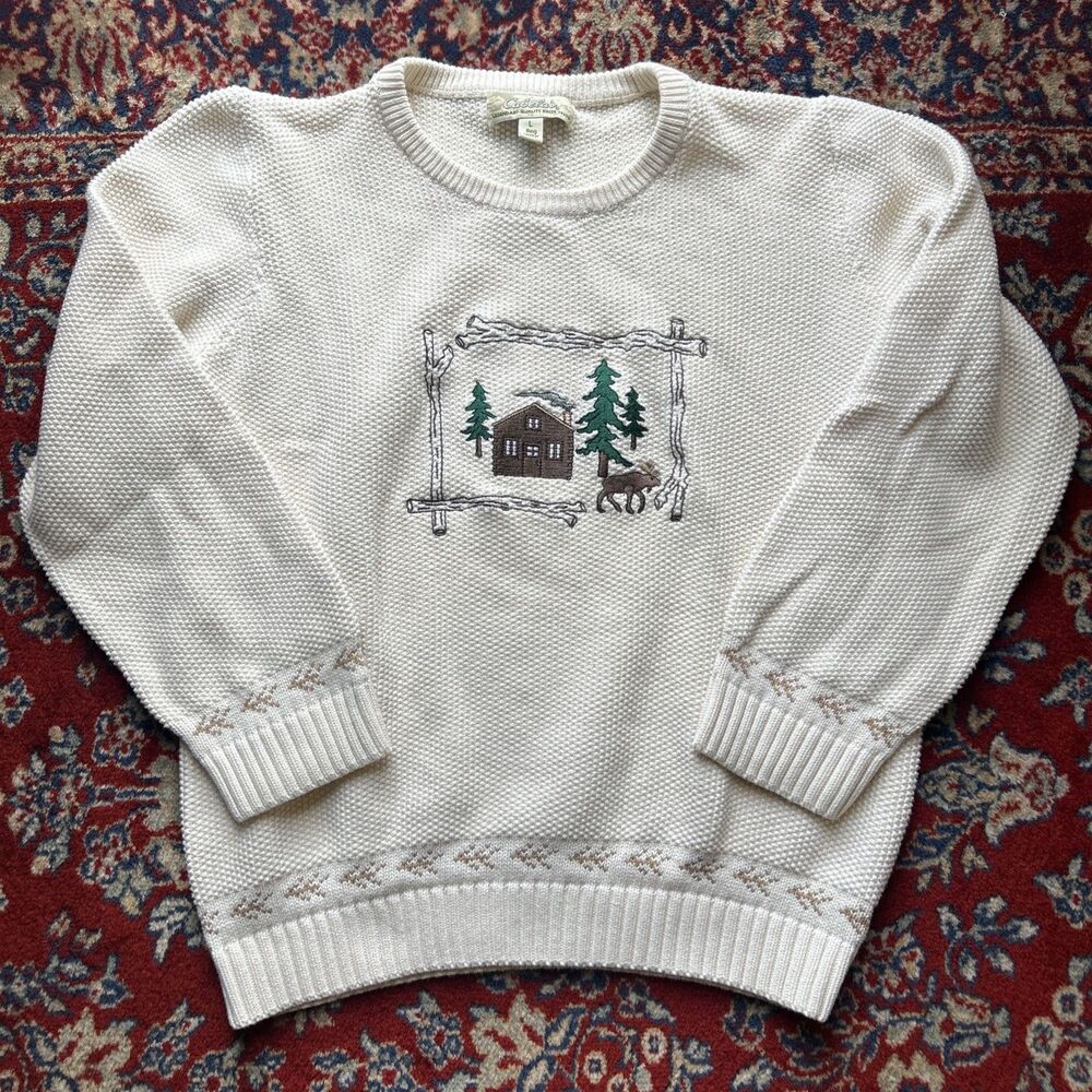Vintage Cabelas Sweater Large White Heavy Kint Cabin Moose Scene Grandpa Y2K